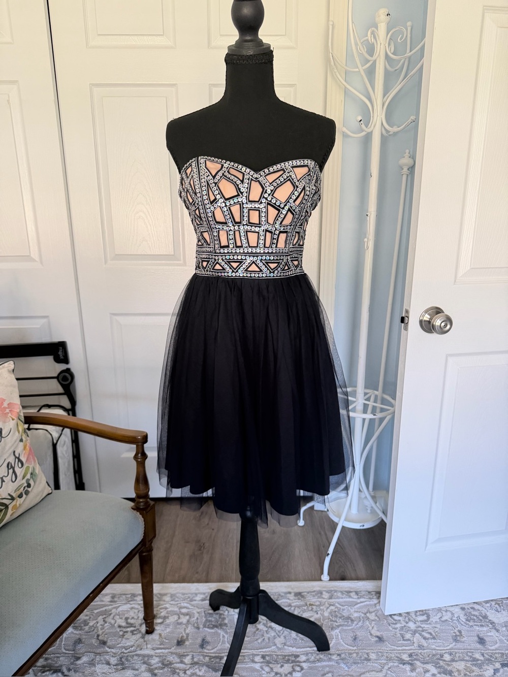 Strapless Navy Tulle Cocktail Dress with Embellished Geometric Bodice